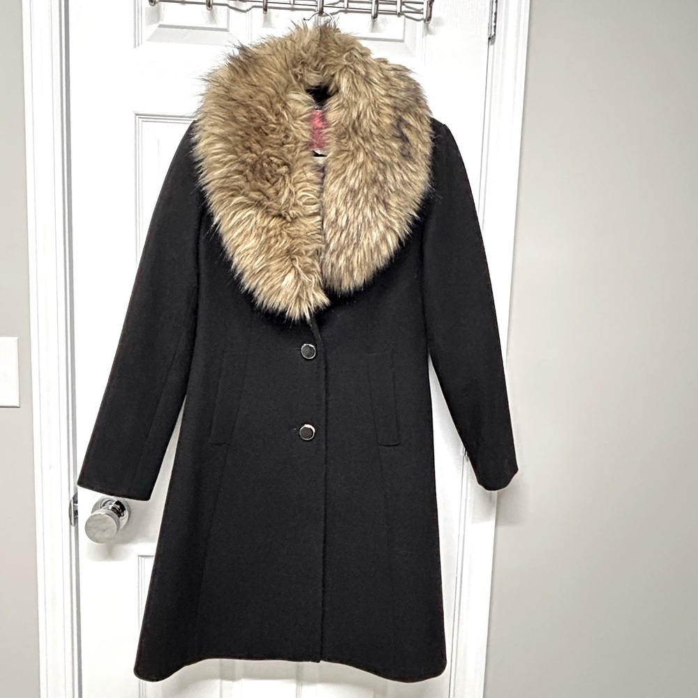 Kate Spade Black Pea Coat with Faux Fur Collar